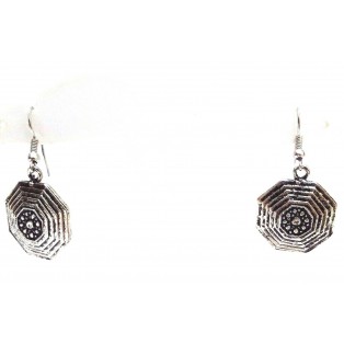 OCTAGON Silver Oxidized Earring - Hook Dangle Drop Long - Asian Novelty Tribal